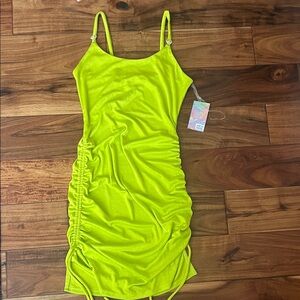 Neon Lime Ruched Mini Dress - Sleeveless Spaghetti Strap